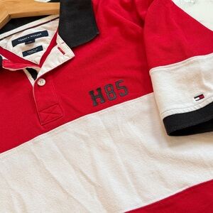 Tommy Hilfiger Men’s H85 Red White Navy Stripe Polo Shirt Logo Trim Size L